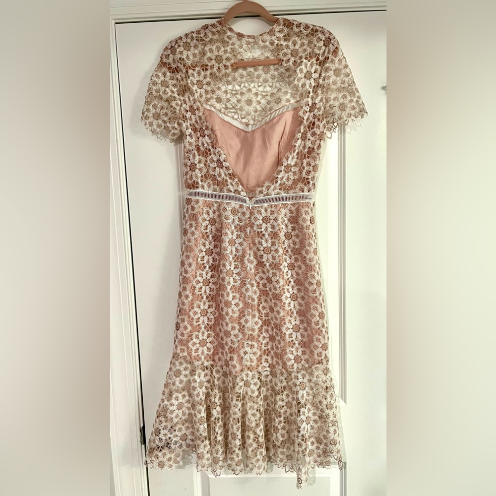 SAYLOR Lillie Lace Illusion Dress 
Illusion Neckline/Open Back 
MED 
BLUSH/IVORY - Picture 13 of 16